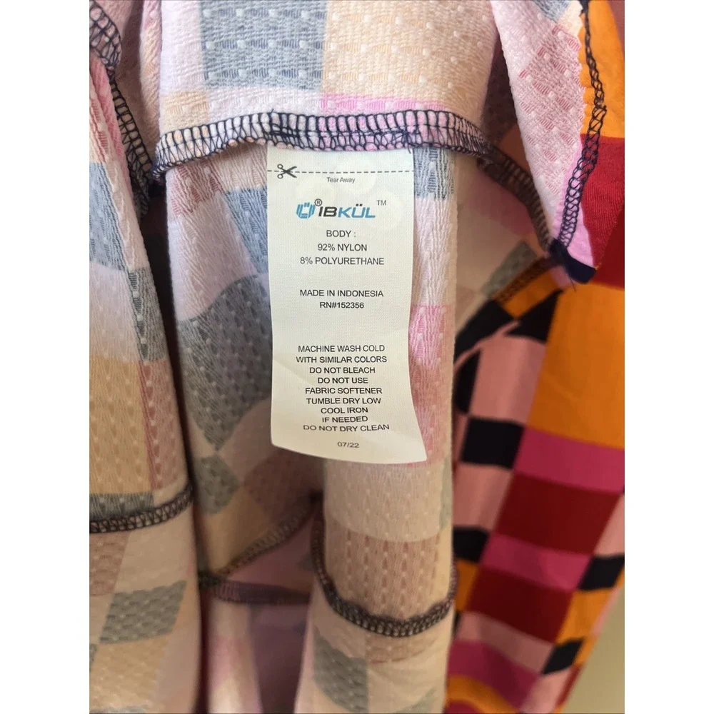 IBKUL Annalise Godet Flounce Hem Zip Neck Dress Pink/Orange Check Size Large SPF